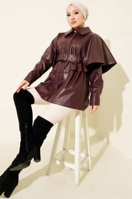 Pelerinli Kemerli Deri Ceket Bordo - Ceket