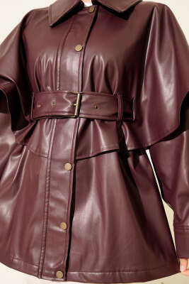Pelerinli Kemerli Deri Ceket Bordo - Ceket