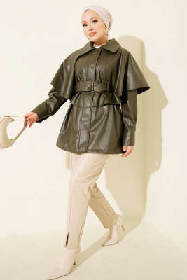 Pelerinli Kemerli Deri Ceket Haki - Ceket