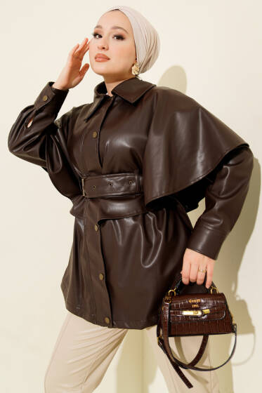 Pelerinli Kemerli Deri Ceket Kahve - Ceket