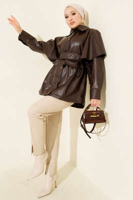 Pelerinli Kemerli Deri Ceket Kahve - Ceket