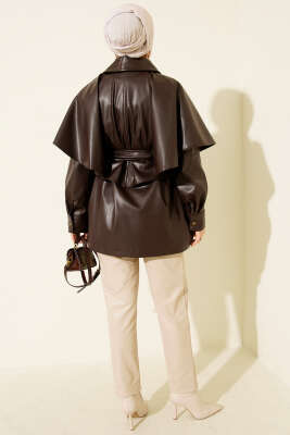 Pelerinli Kemerli Deri Ceket Kahve - Ceket