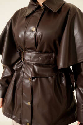 Pelerinli Kemerli Deri Ceket Kahve - Ceket