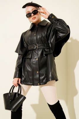 Pelerinli Kemerli Deri Ceket Siyah - HEWES