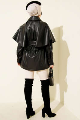 Pelerinli Kemerli Deri Ceket Siyah - Ceket