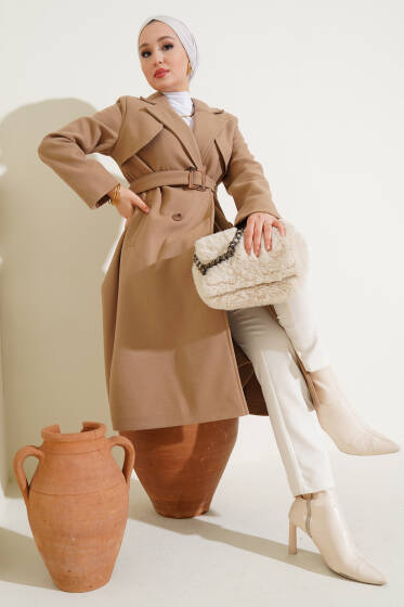 Pelerinli Kuşaklı Kaşe Kaban Bej - Kaban