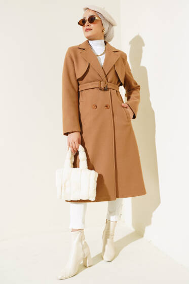 Pelerinli Kuşaklı Kaşe Kaban Camel - Kaban