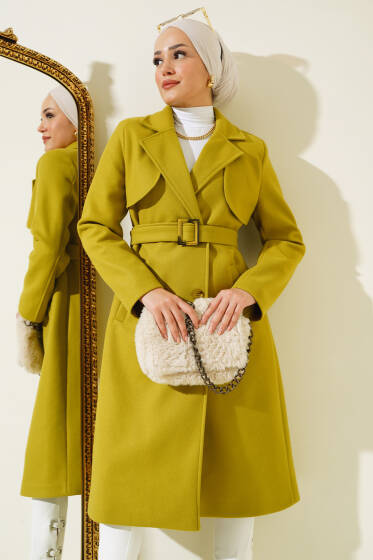 Pelerinli Kuşaklı Kaşe Kaban Yağ Yeşili - Kaban