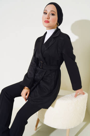 Pelerinli Kuşaklı Kısa Trençkot Siyah - Trençkot