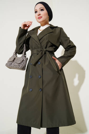 	 Pelerinli Önü Düğmeli Trençkot Haki - Trençkot