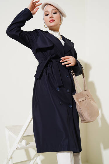 	 Pelerinli Önü Düğmeli Trençkot Lacivert - Trençkot