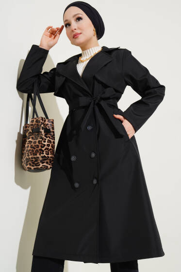 	 Pelerinli Önü Düğmeli Trençkot Siyah - Trençkot