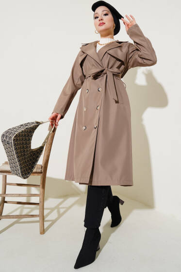 Pelerinli Önü Düğmeli Trençkot Vizon - Trençkot