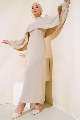 Pelerinli Taş Detaylı Elbise Bej - Thumbnail