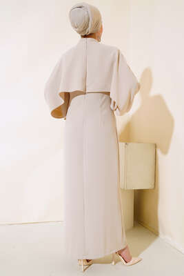 Pelerinli Taş Detaylı Elbise Bej - Thumbnail