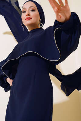 Pelerinli Taş Detaylı Elbise Lacivert - Thumbnail