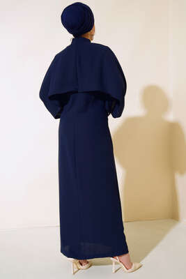Pelerinli Taş Detaylı Elbise Lacivert - Thumbnail