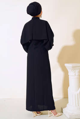 Pelerinli Taş Detaylı Elbise Siyah - Thumbnail