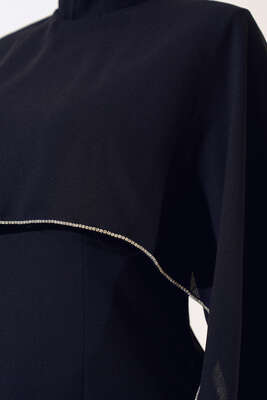 Pelerinli Taş Detaylı Elbise Siyah - Thumbnail