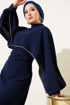 Pelerinli Taş Detaylı Krep Elbise Lacivert - Tesettür Elbise