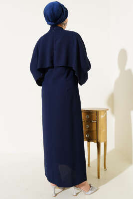 Pelerinli Taş Detaylı Krep Elbise Lacivert - Tesettür Elbise