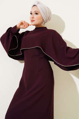 Pelerinli Taş Detaylı Krep Elbise Mürdüm - Tesettür Elbise