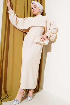 Pelerinli Taş Detaylı Krep Elbise Taş - Tesettür Elbise