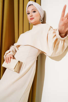 Pelerinli Taş Detaylı Krep Elbise Taş - Tesettür Elbise