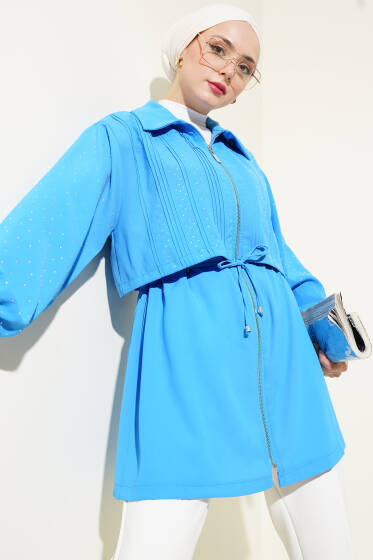 Pelerinli Taşlı Bel Tünelli Kap Mavi - Dış Giyim&Mont