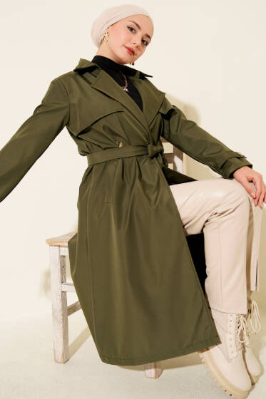 Pelerinli Tek Düğmeli Kuşaklı Trençkot Haki - Trençkot