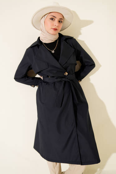 Pelerinli Tek Düğmeli Kuşaklı Trençkot Lacivert - Trençkot