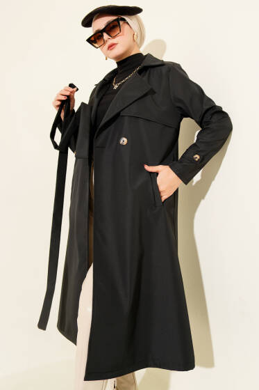 Pelerinli Tek Düğmeli Kuşaklı Trençkot Siyah - Trençkot