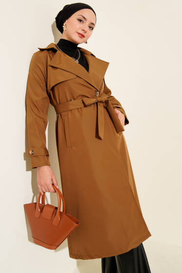 Pelerinli Tek Düğmeli Kuşaklı Trençkot Taba - Trençkot