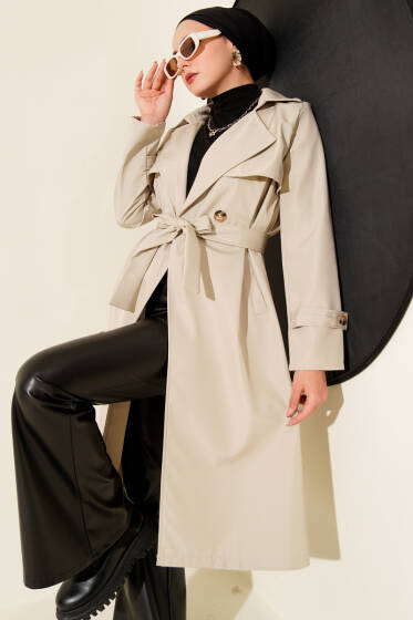 Pelerinli Tek Düğmeli Kuşaklı Trençkot Taş - Trençkot