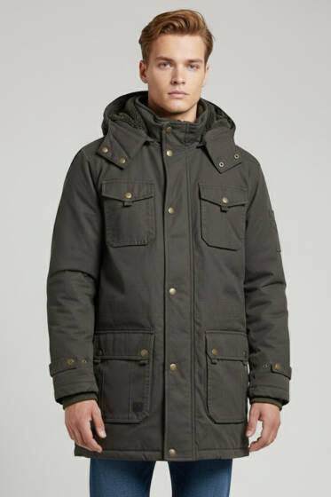 Peluş Astar Kapüşonlu Erkek Parka Haki - Erkek Mont