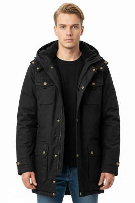 Peluş Astar Kapüşonlu Erkek Parka Siyah - DYNAMO