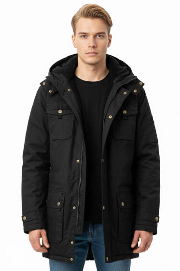Peluş Astar Kapüşonlu Erkek Parka Siyah - Erkek Mont