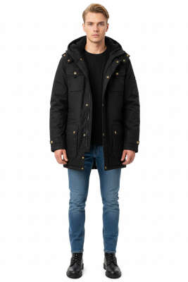 Peluş Astar Kapüşonlu Erkek Parka Siyah - Erkek Mont