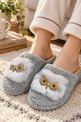 Peluş Baykuş Figürlü Ev Terliği Gri 