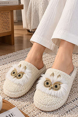 Peluş Baykuş Figürlü Ev Terliği Krem 