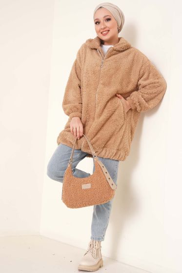 Peluş Fermuarlı Hırka Camel - Hırka