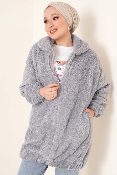 Peluş Fermuarlı Hırka Gri - Hırka