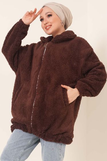 Peluş Fermuarlı Hırka Kahve - Hırka