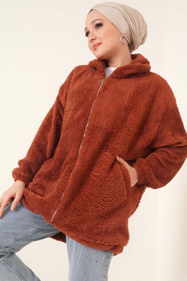 Peluş Fermuarlı Hırka Kestane - Hırka
