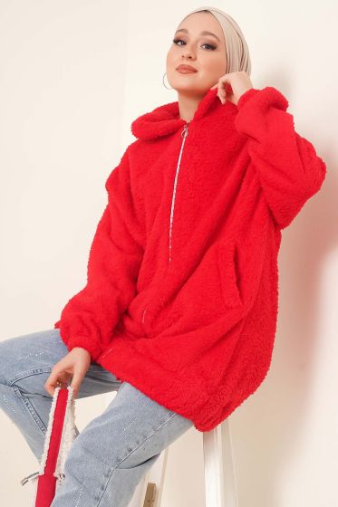 Peluş Fermuarlı Hırka Kırmızı - Hırka