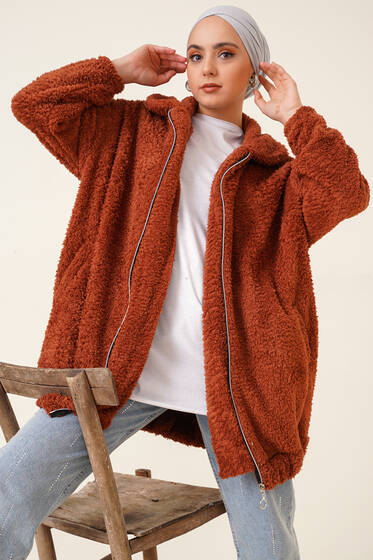 Peluş Fermuarlı Hırka Latte - Hırka