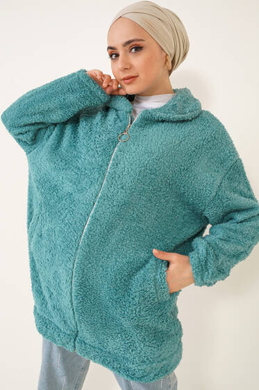 Peluş Fermuarlı Hırka Mint - Hırka