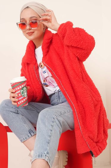 Peluş Fermuarlı Hırka Nar Çiçeği - Hırka