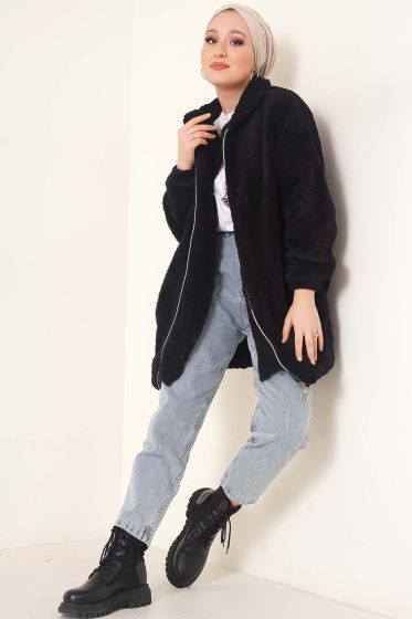 Peluş Fermuarlı Hırka Siyah - Hırka