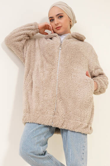 Peluş Fermuarlı Hırka Taş - Hırka